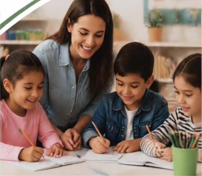 Teacher helping young students